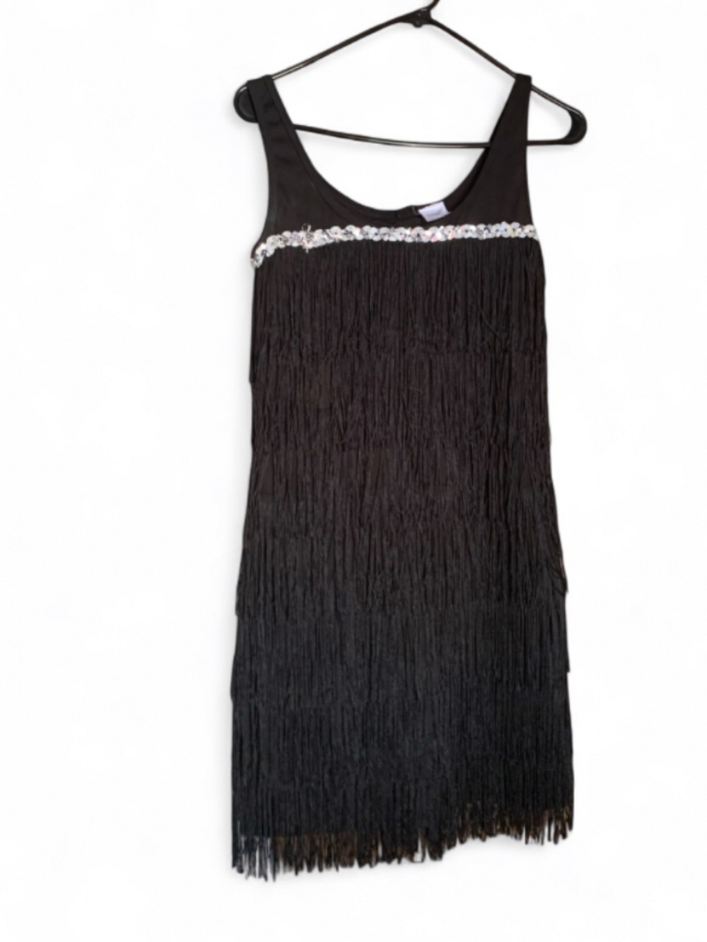 Black fringe flapper 1920's halloween costume or cosplay party dress with silver